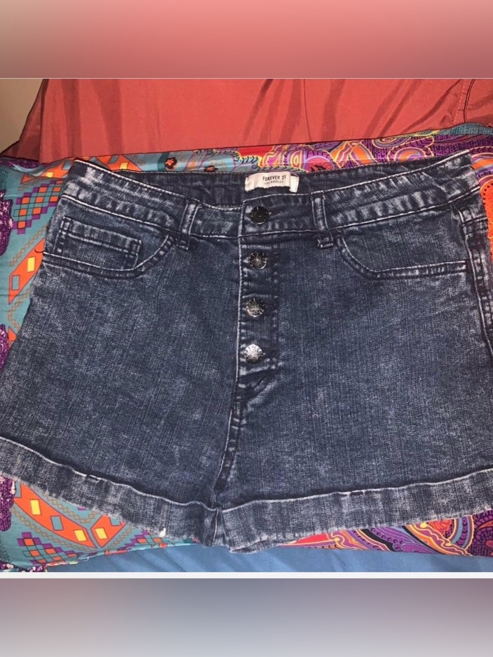 Forever 21 Size 31 Washed Dark Blue High-Rise Button Denim Shorts